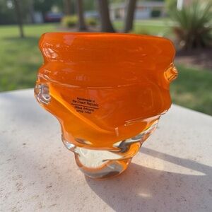 Czech Glass Artisan Vibrant Orange Wavy Vase